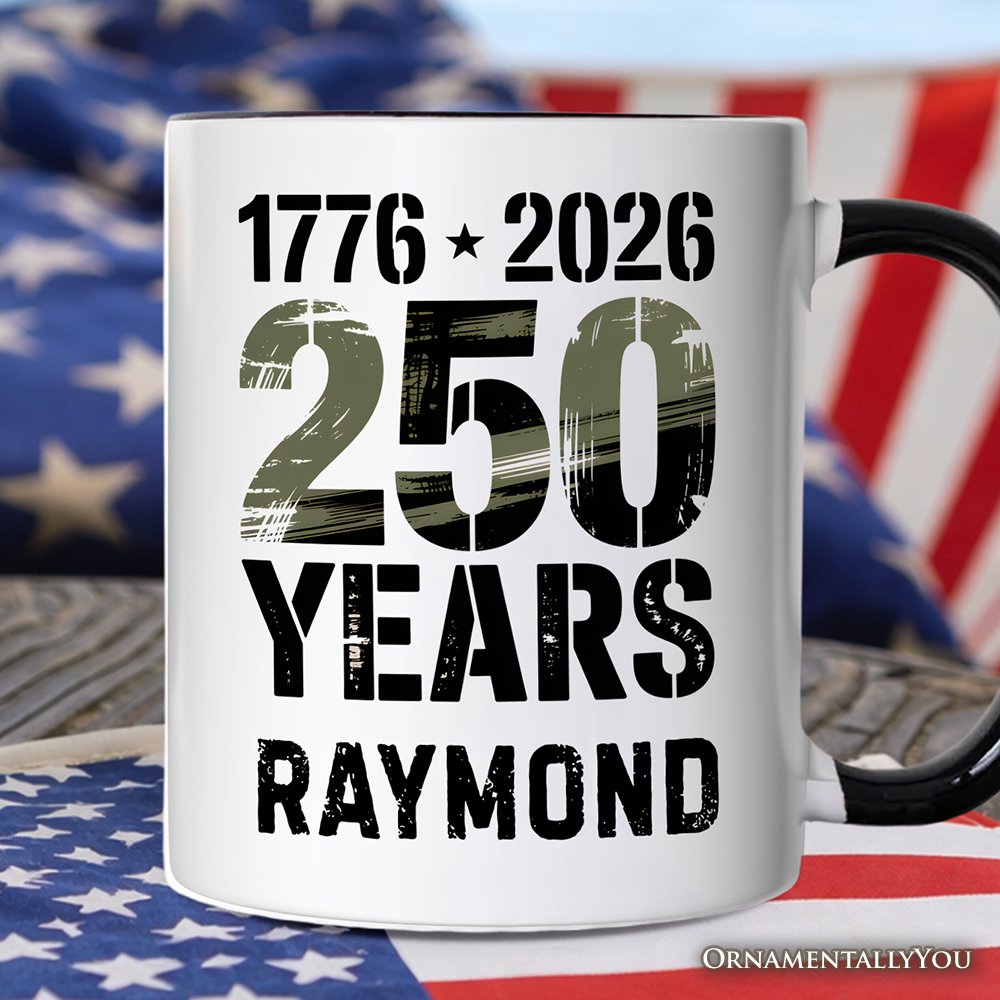 America 250 Years of Freedom Anniversary Personalized Mug, 4th of July USA Patriotic 1776–2026 Gift with Custom Name Personalized Ceramic Mug OrnamentallyYou Black Handle Customized 