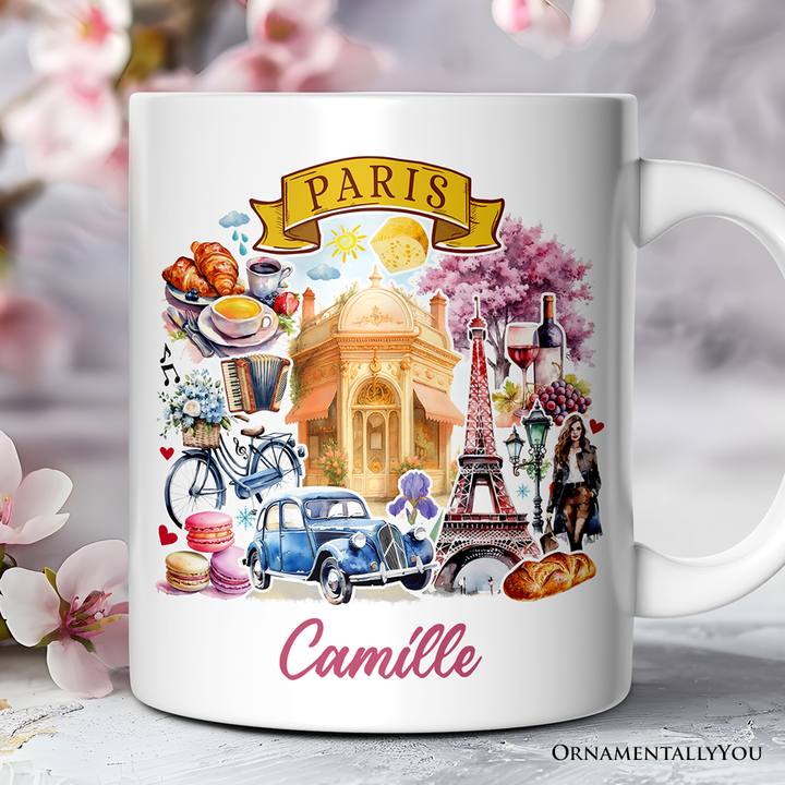 Artistic Paris Culture and Landmarks Personalized Mug, Classical France Gift and Souvenir with Custom Name