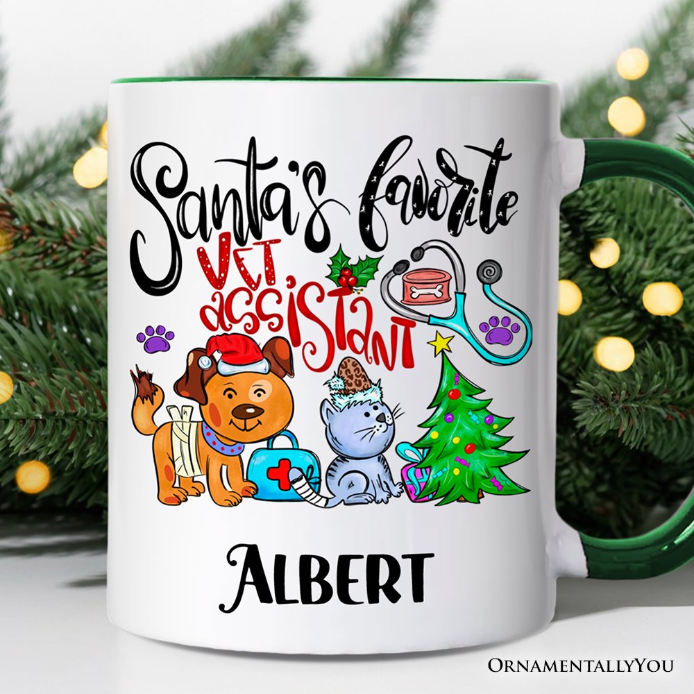 Santa's Favorite Vet Assistant Personalized Mug, Veterinary Appreciation Gift with Custom Name Personalized Ceramic Mug OrnamentallyYou Green Handle Customized 