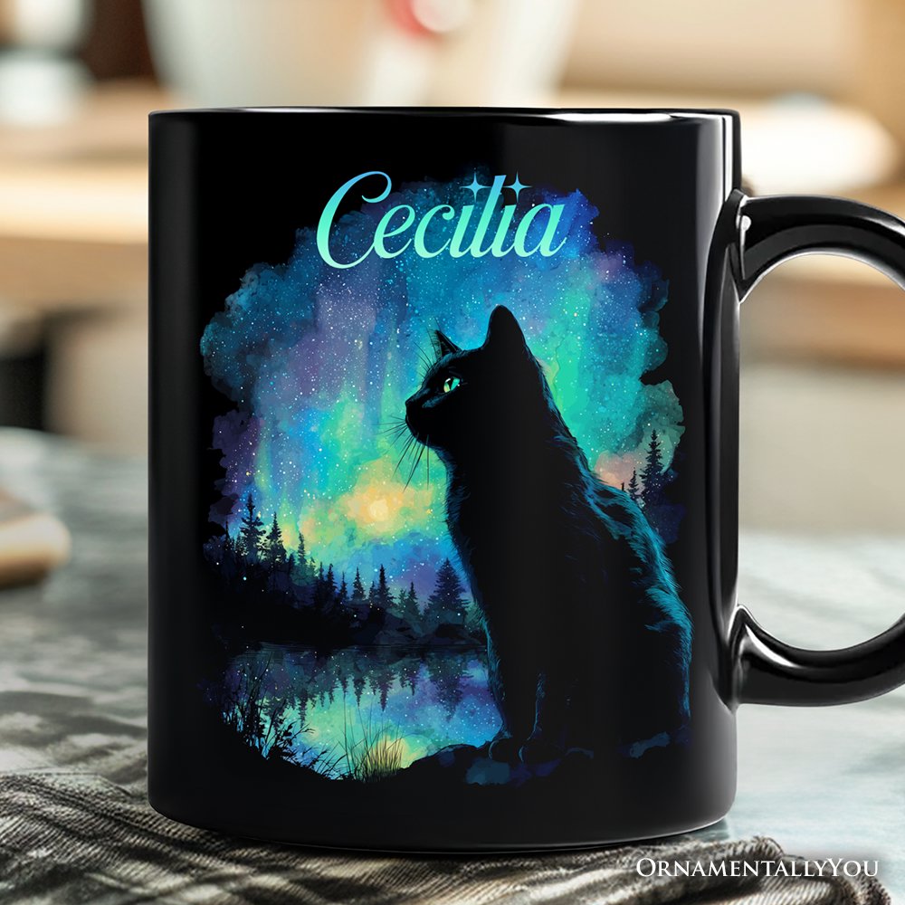 Mystic Aurora Cat Personalized Mug, Northern Lights Feline Gift with Custom Name Personalized Ceramic Mug OrnamentallyYou White - Black Customized 
