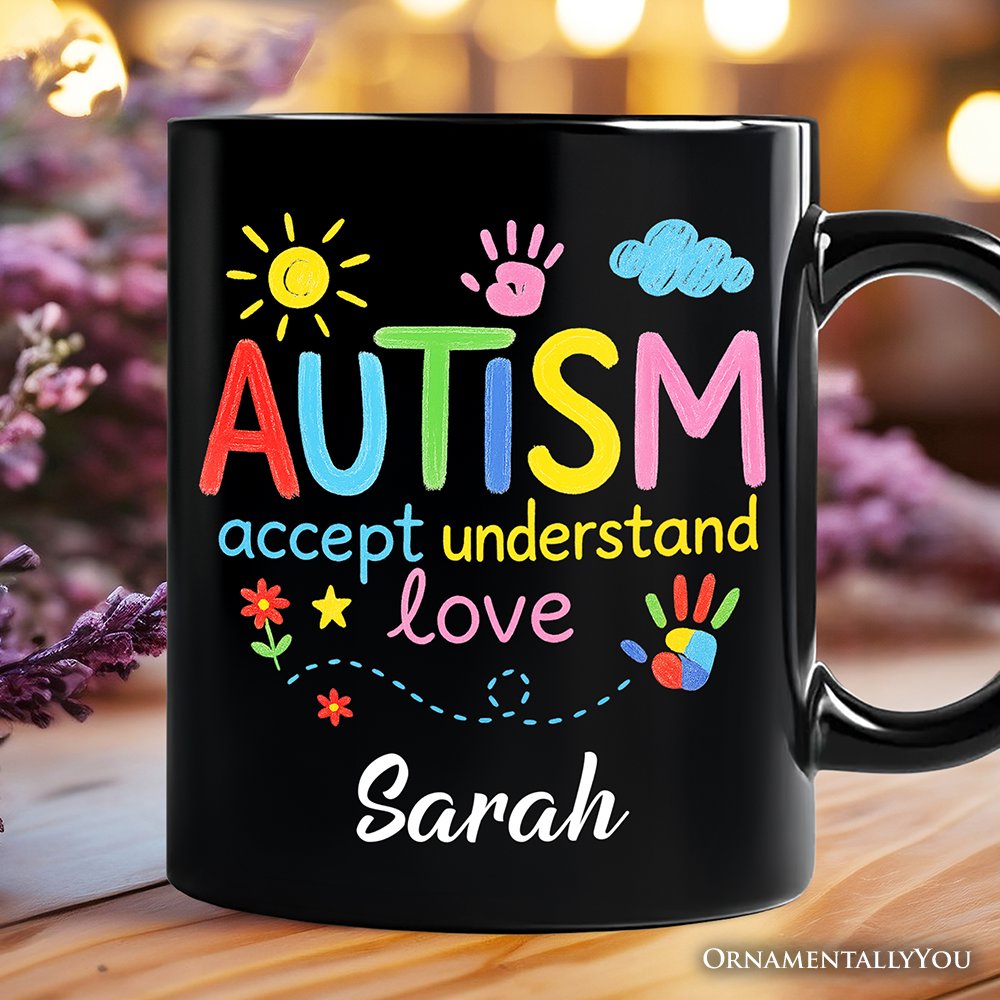 Autism Awareness Brushstroke Personalized Mug, Colorful Autism Support Gift for Autism Month with Custom Name Personalized Ceramic Mug OrnamentallyYou Black Customized 
