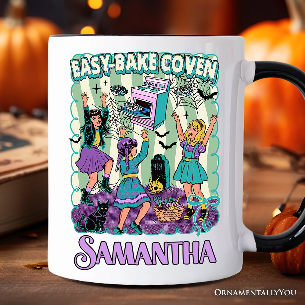 Retro Easy-Bake Coven Horror Movie Personalized Mug, Funny Retro Witch Halloween Gift with Custom Name Personalized Ceramic Mug OrnamentallyYou White - Black Customized 