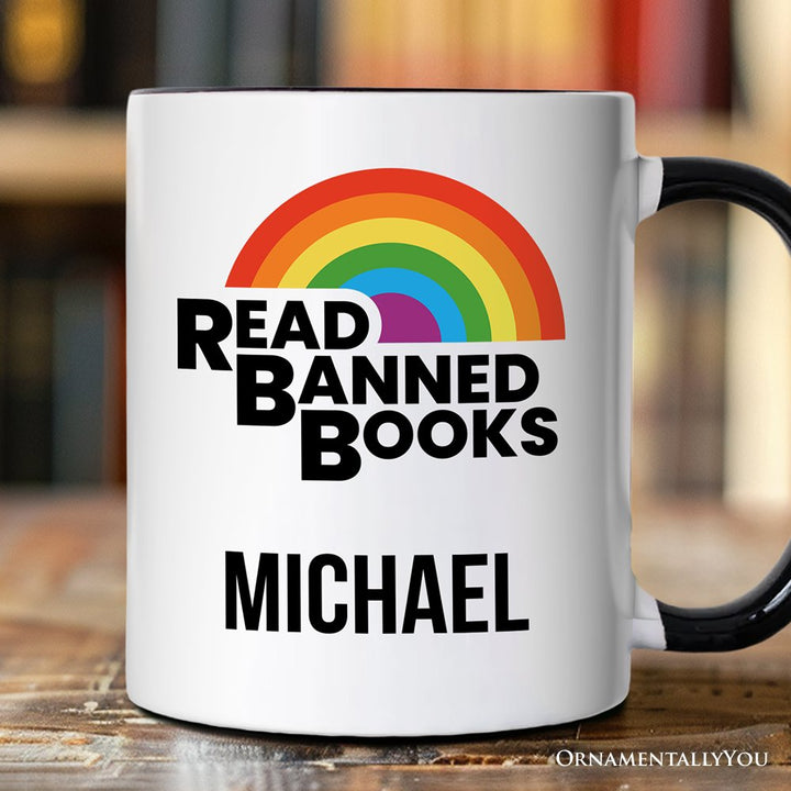 Read Banned Books Rainbow Retro Personalized Mug, Bookish Freedom Gift with Custom Name Personalized Ceramic Mug OrnamentallyYou Black Handle Customized 