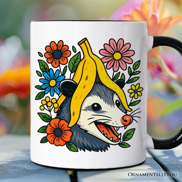 Banana Possum Floral Mug, Funny Animal Gift Personalized Ceramic Mug OrnamentallyYou Black Handle Non-Custom 
