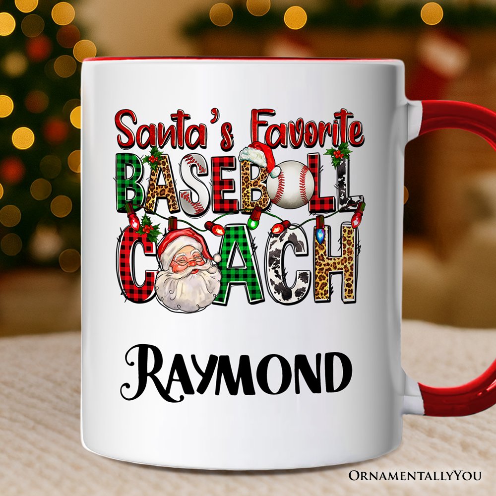Santa’s Favorite Baseball Coach Personalized Mug, Plaid Christmas Athelete Gift with Custom Name Personalized Ceramic Mug OrnamentallyYou White - Red Customized 
