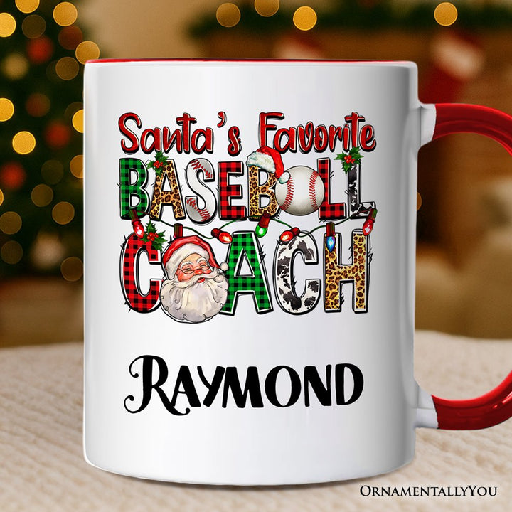 Santa’s Favorite Baseball Coach Personalized Mug, Plaid Christmas Athelete Gift with Custom Name Personalized Ceramic Mug OrnamentallyYou White - Red Customized 