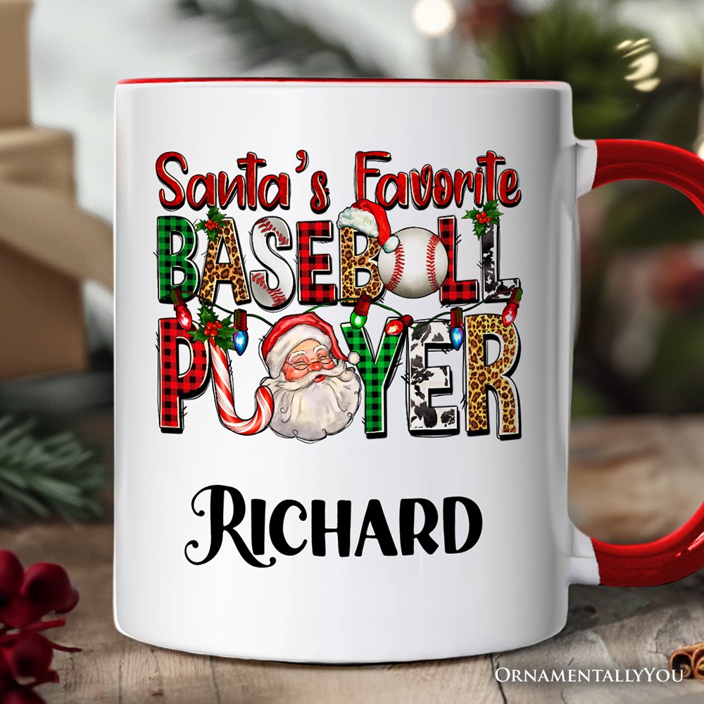 Santa’s Favorite Baseball Player Personalized Mug, Plaid Christmas Athelete Gift with Custom Name Personalized Ceramic Mug OrnamentallyYou White - Red Customized 