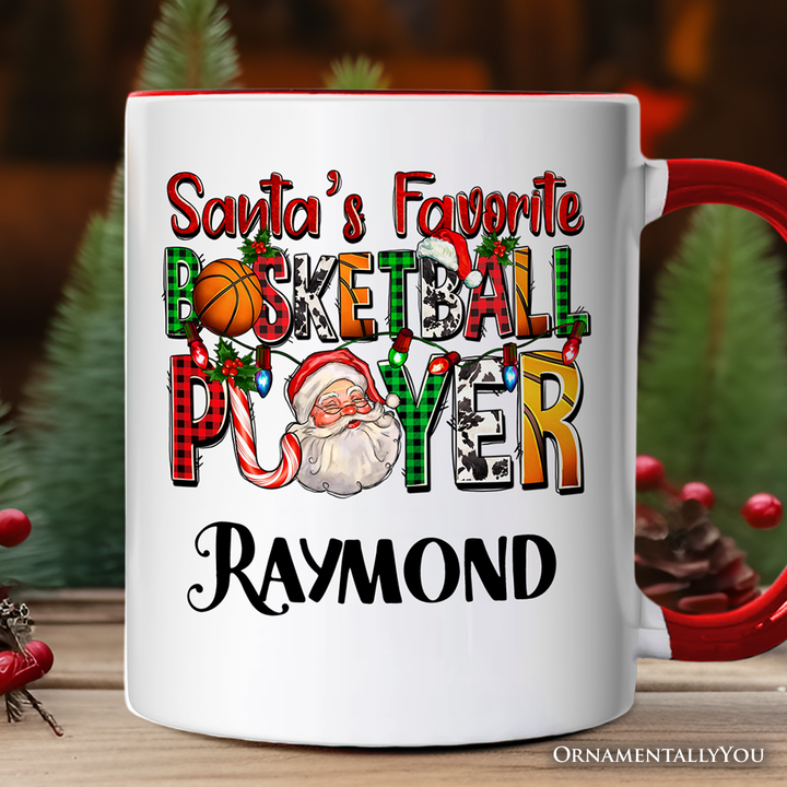 Santa’s Favorite Basketball Player Personalized Mug, Plaid Christmas Athelete Gift with Custom Name