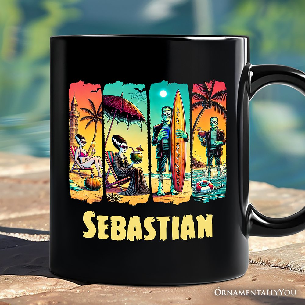 Frankenstein's Beach Vacation Personalized Mug, Retro Neon Summer Vibes Gift with Custom Name Personalized Ceramic Mug OrnamentallyYou Black Customized 