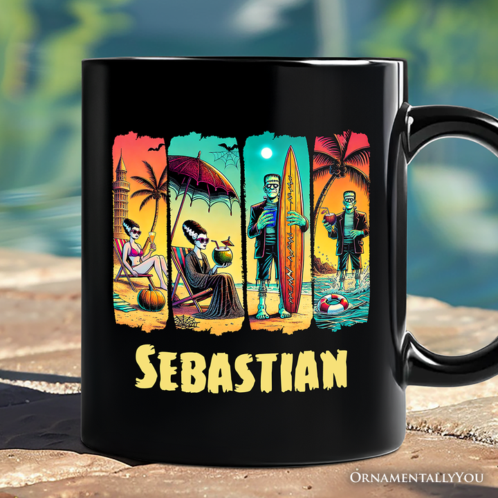 Frankenstein's Beach Vacation Personalized Mug, Retro Neon Summer Vibes Gift with Custom Name