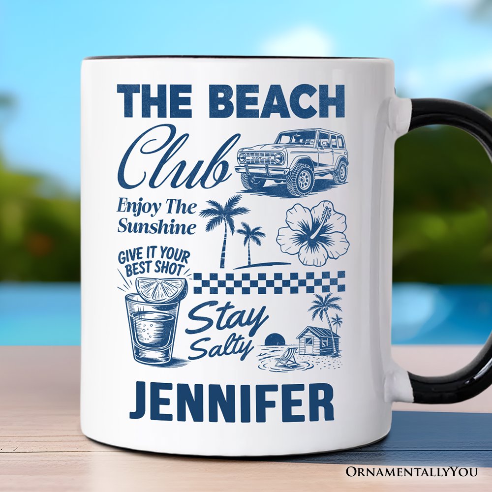 Vintage Coastal Summer Vacation Personalized Mug, The Beach Club Stay Salty Gift with Custom Name Personalized Ceramic Mug OrnamentallyYou Black Handle Customized 