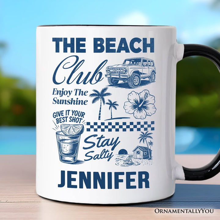 Vintage Coastal Summer Vacation Personalized Mug, The Beach Club Stay Salty Gift with Custom Name Personalized Ceramic Mug OrnamentallyYou Black Handle Customized 