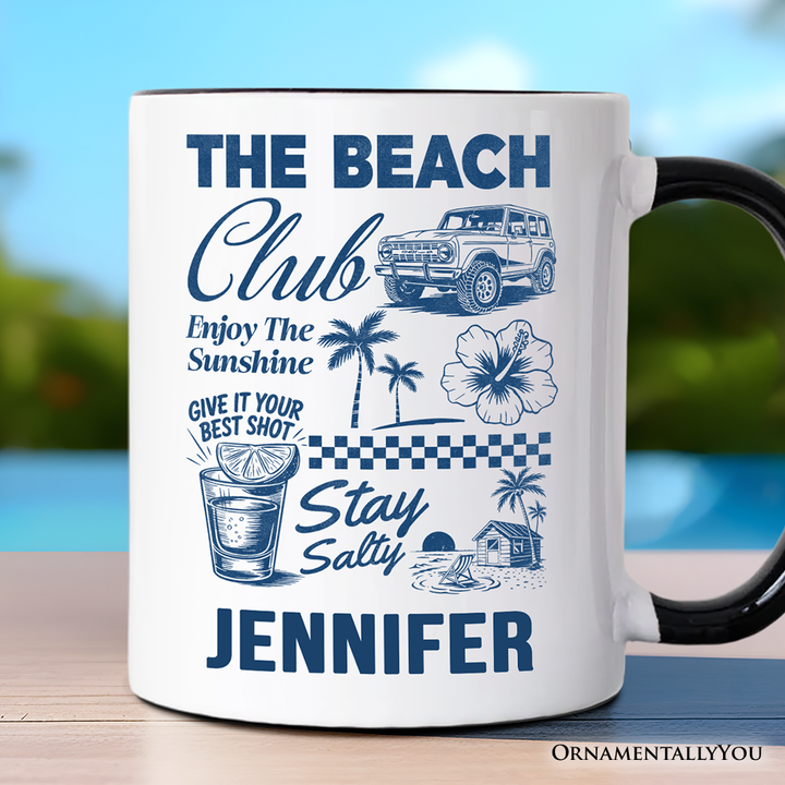 Vintage Coastal Summer Vacation Personalized Mug, The Beach Club Stay Salty Gift with Custom Name