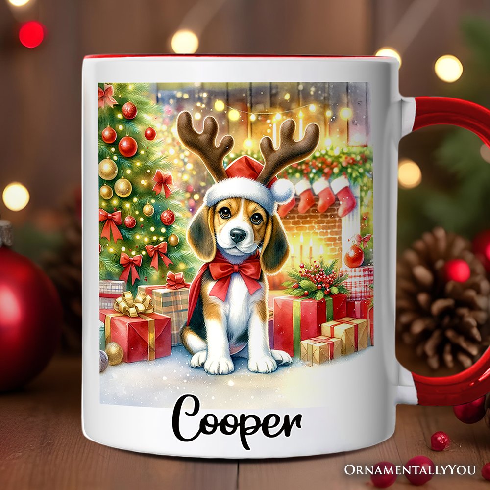 Cozy Fireplace Beagle Personalized Mug, Snuggly Canine Christmas Gift with Custom Name Personalized Ceramic Mug OrnamentallyYou White - Red Customized 