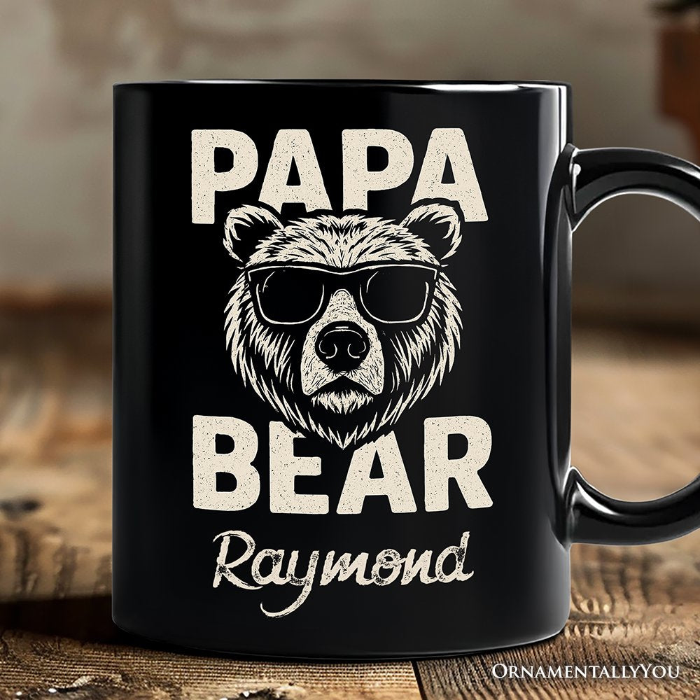 Papa Bear Sunglasses Personalized Mug, Black Vintage Gift with Custom Name for Cool Dads Personalized Ceramic Mug OrnamentallyYou Black Customized 