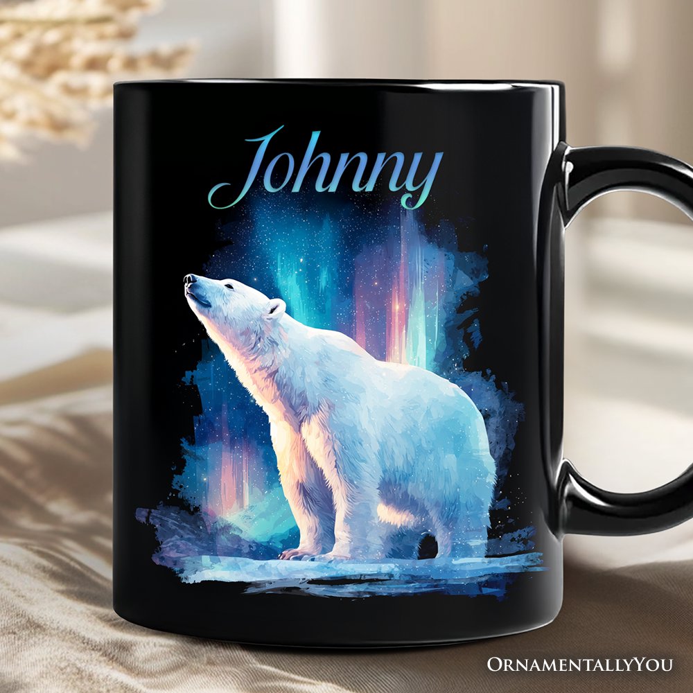 Arctic Aurora Polar Bear Personalized Mug, Northern Lights Wildlife Gift with Custom Name Personalized Ceramic Mug OrnamentallyYou Black Customized 