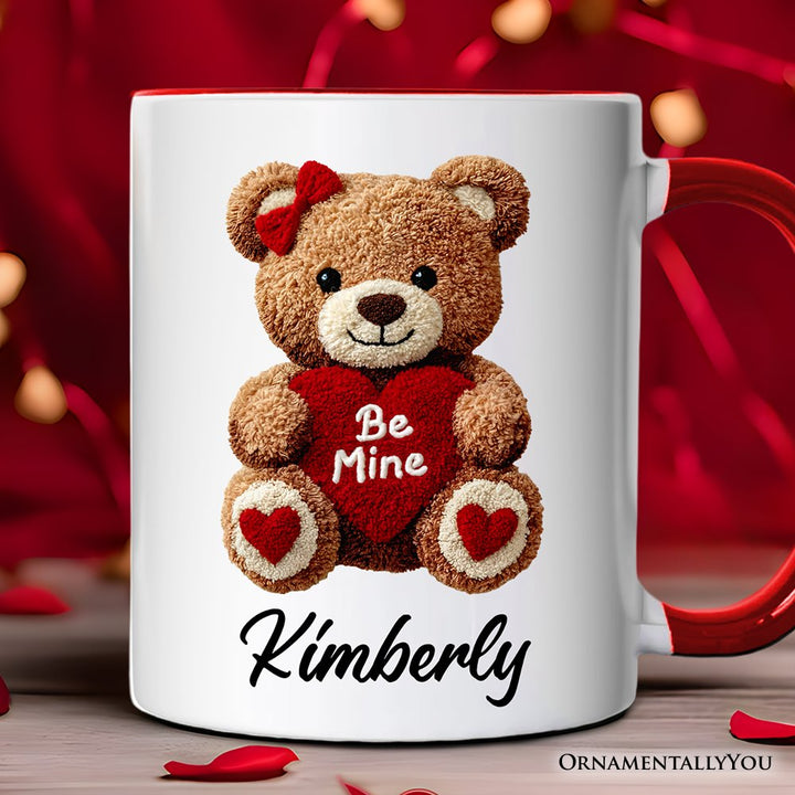 Cute Bear Toy Be Mine Valentine Personalized Mug, Love Coquette Gift with Custom Name Personalized Ceramic Mug OrnamentallyYou White - Red Customized 