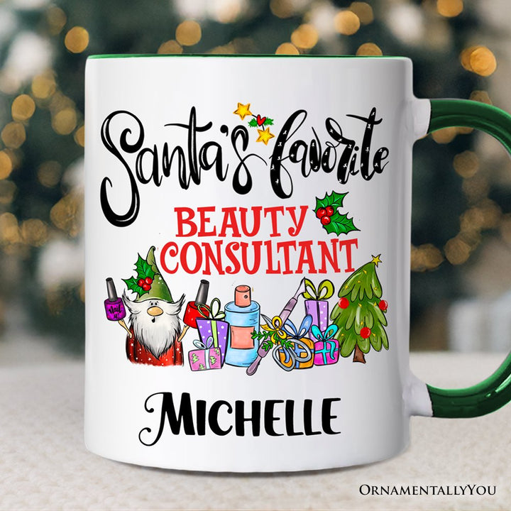Santa's Favorite Beauty Consultant Personalized Mug, Appreciation Christmas Gift with Custom Name Personalized Ceramic Mug OrnamentallyYou Green Handle Customized 