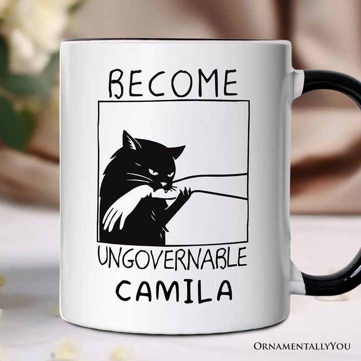 Become Ungovernable Black Cat Personalized Mug, Bites Hand Humorous Meme Gift with Custom Name