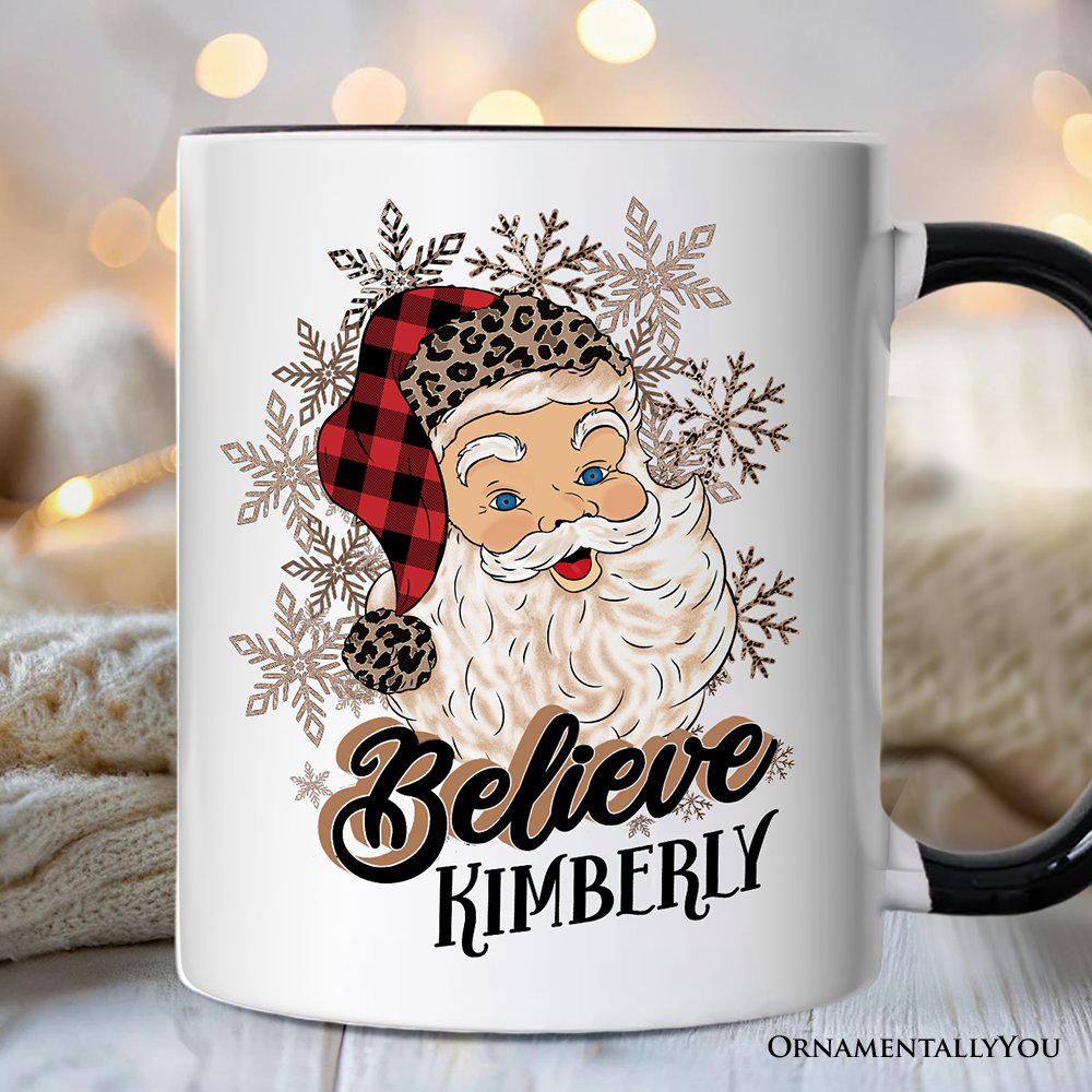 Believe Santa Buffalo Plaid Personalized Mug, Retro Christmas Gift with Custom Name Personalized Ceramic Mug OrnamentallyYou White - Black Customized 