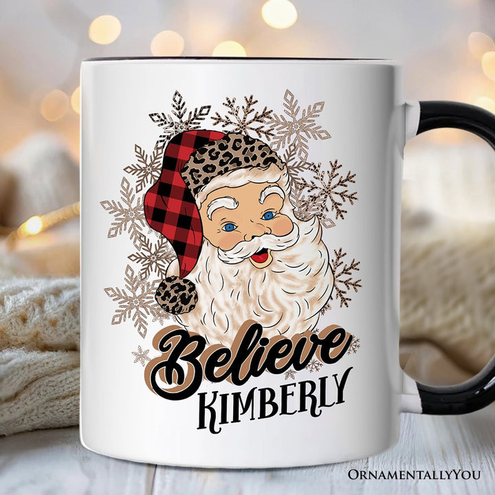 Believe Santa Buffalo Plaid Personalized Mug, Retro Christmas Gift with Custom Name Personalized Ceramic Mug OrnamentallyYou White - Black Customized 