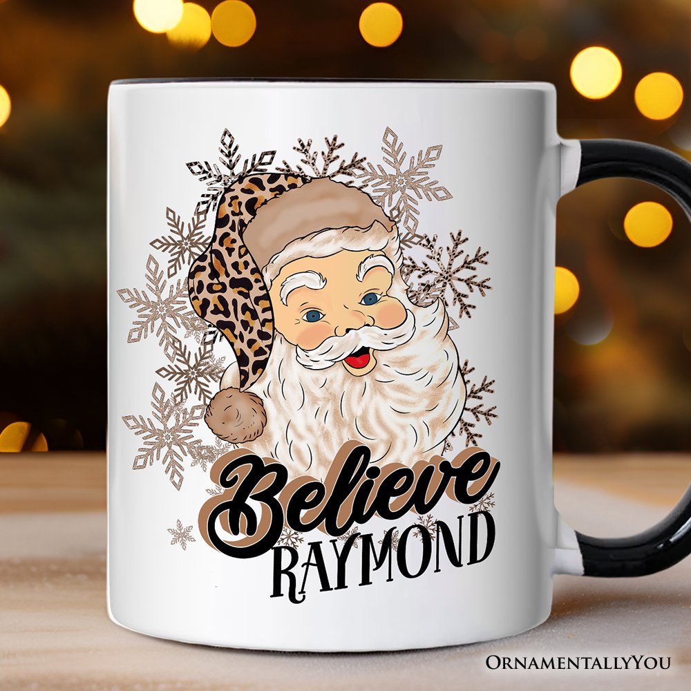 Believe Santa Cheetah Leopard Personalized Mug, Retro Christmas Gift with Custom Name Personalized Ceramic Mug OrnamentallyYou White - Black Customized 