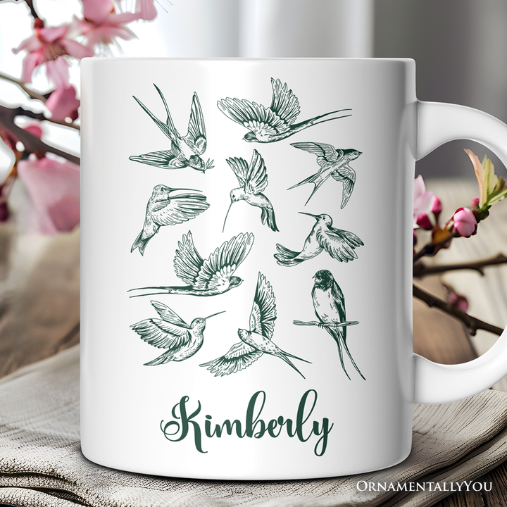 Retro Birds Nature Personalized Mug, Vintage Green Bird Illustration Gift with Custom Name
