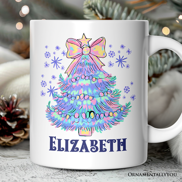 Light Blue Christmas Tree Bow Personalized Mug, Coquette Colorful Holiday Gift with Custom Name