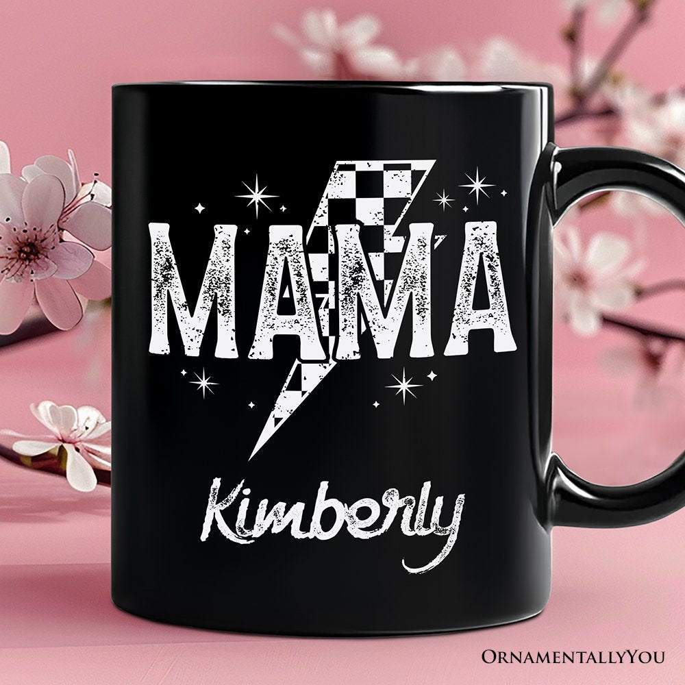 Checkered Lightning Bolt Mama Personalized Mug, Vintage Retro Black and White Gift with Custom Name for Energetic Moms Personalized Ceramic Mug OrnamentallyYou Black Customized 