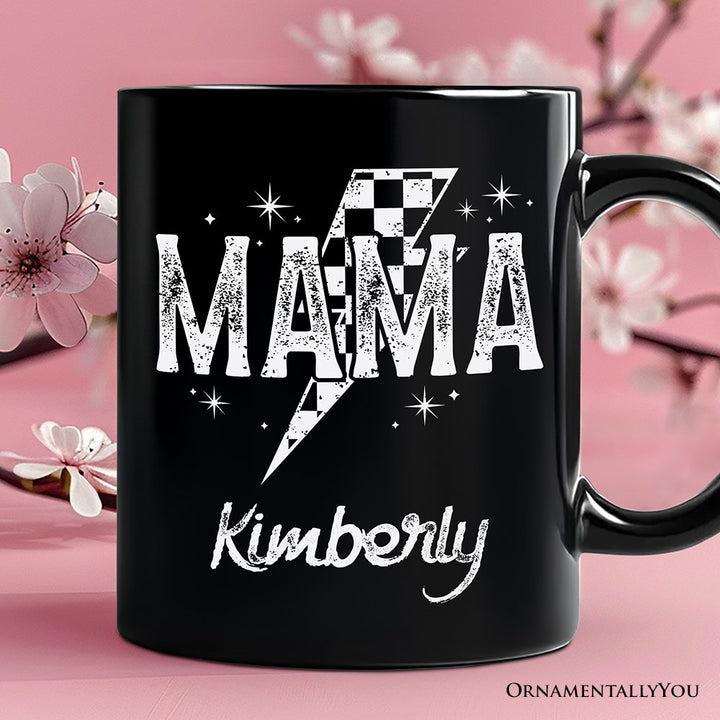 Checkered Lightning Bolt Mama Personalized Mug, Vintage Retro Black and White Gift with Custom Name for Energetic Moms Personalized Ceramic Mug OrnamentallyYou Black Customized 
