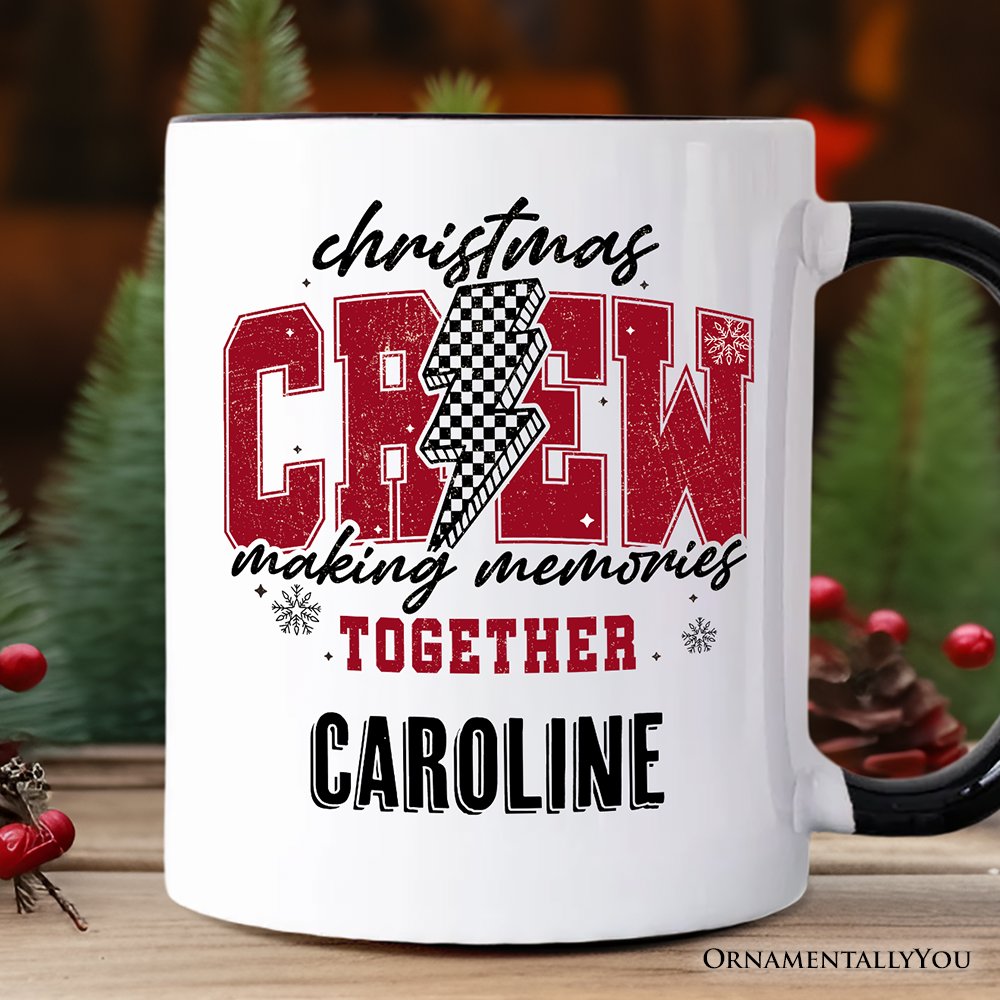 Christmas Crew Making Memories Together Personalized Mug, Checkered Lightning Retro Holiday Gift with Custom Name Personalized Ceramic Mug OrnamentallyYou White - Black Customized 