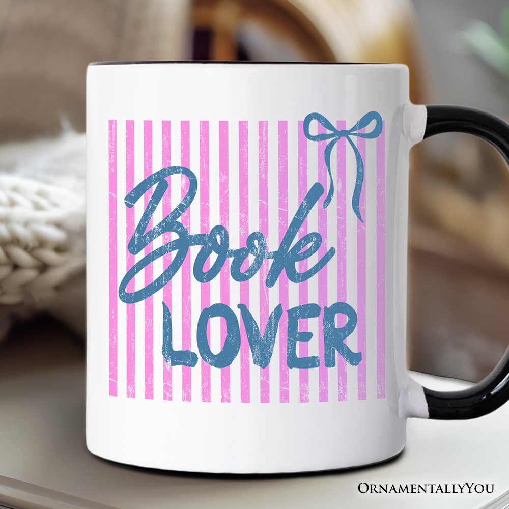 Book Lover Striped Reader Mug, Coquette Bookworm Gift Personalized Ceramic Mug OrnamentallyYou Black Handle Non-Custom 