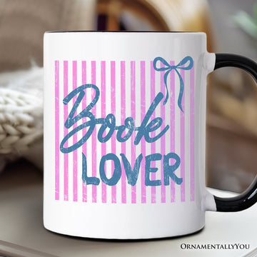 Book Lover Striped Reader Mug, Coquette Bookworm Gift Personalized Ceramic Mug OrnamentallyYou Black Handle Non-Custom 