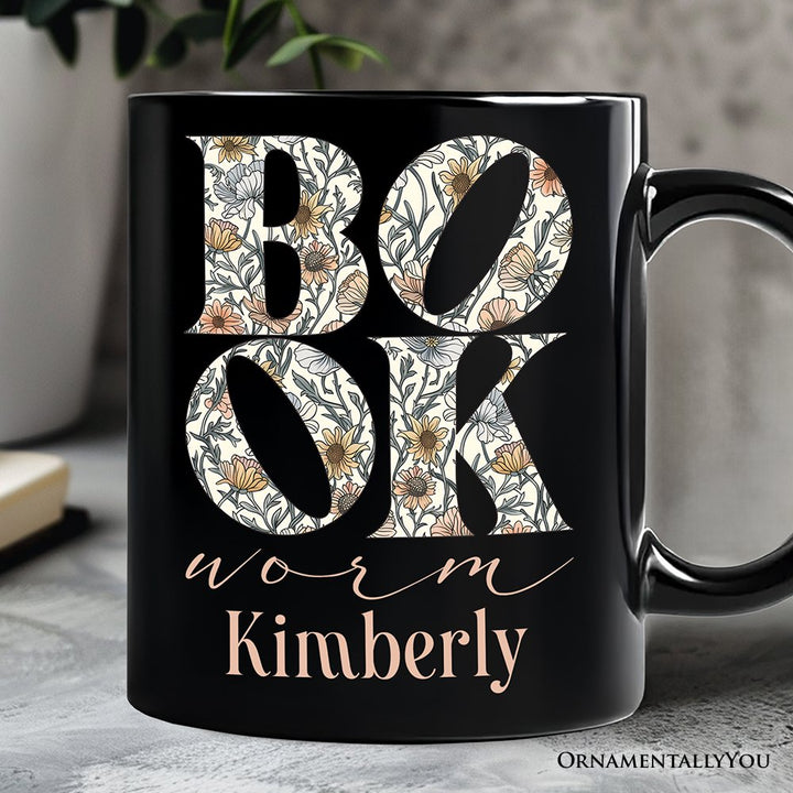 Bookworm Floral Personalized Mug, Boho Wildflower Book Lover Gift with Custom Name Personalized Ceramic Mug OrnamentallyYou Black Customized 