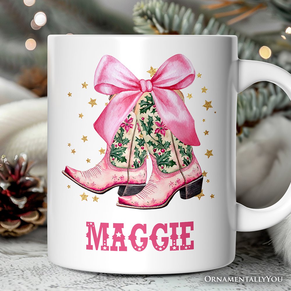 Pink Western Coquette Cowgirl Boots Personalized Mug, Country Holiday Gift with Custom Name Personalized Ceramic Mug OrnamentallyYou White - Black Customized 