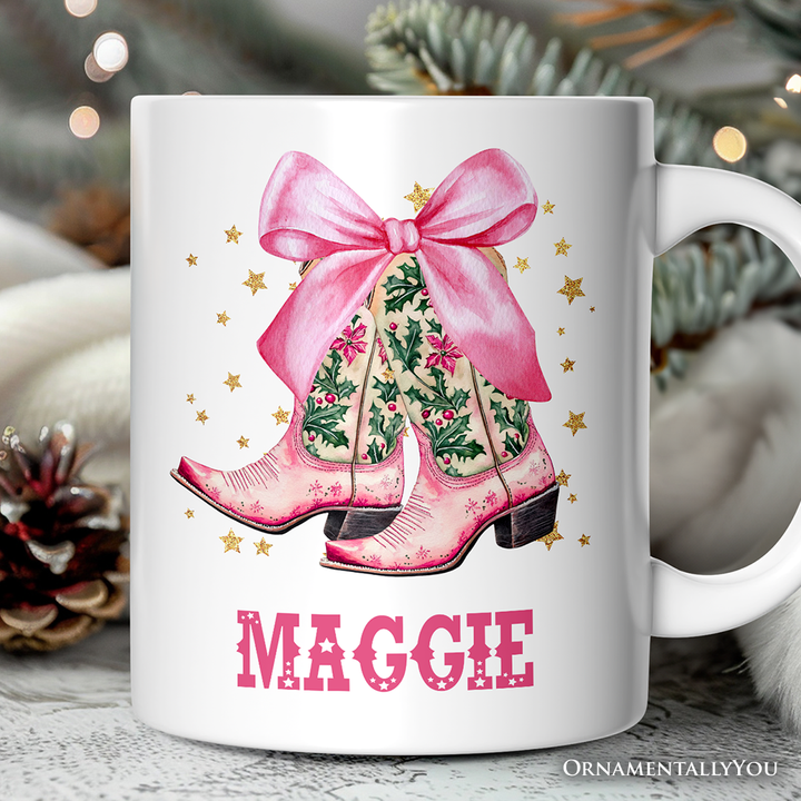 Pink Western Coquette Cowgirl Boots Personalized Mug, Country Holiday Gift with Custom Name