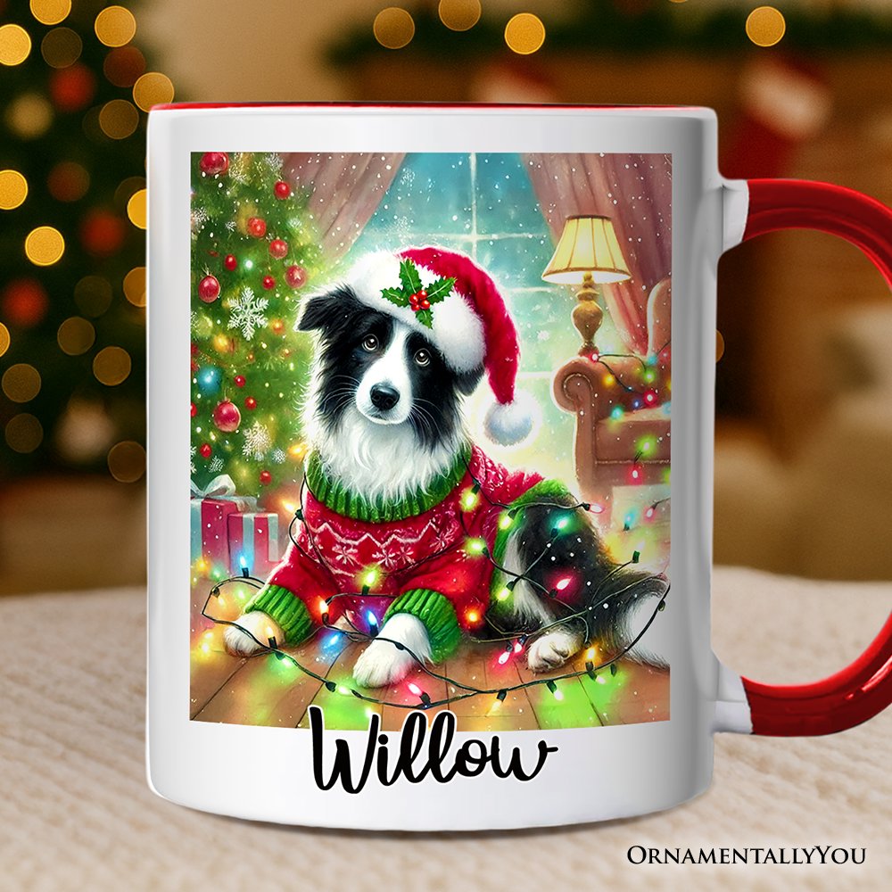 Playful Border Collie with Santa Hat Personalized Mug, Festive Canine Christmas Gift with Custom Name Personalized Ceramic Mug OrnamentallyYou White - Red Customized 