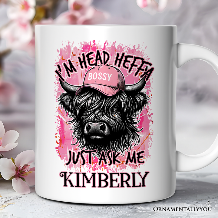 Bossy Highland Cow Personalized Mug, Head Heifer Funny Western Gift with Custom Name