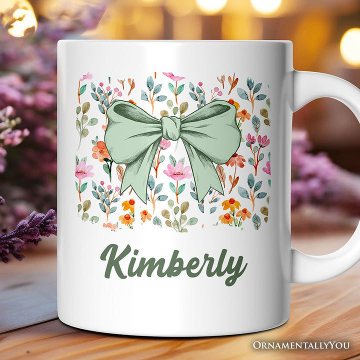 Floral Coquette Bow Personalized Mug, Cute Spring Preppy Girly Flowers Gift with Custom Name Personalized Ceramic Mug OrnamentallyYou White Customized 