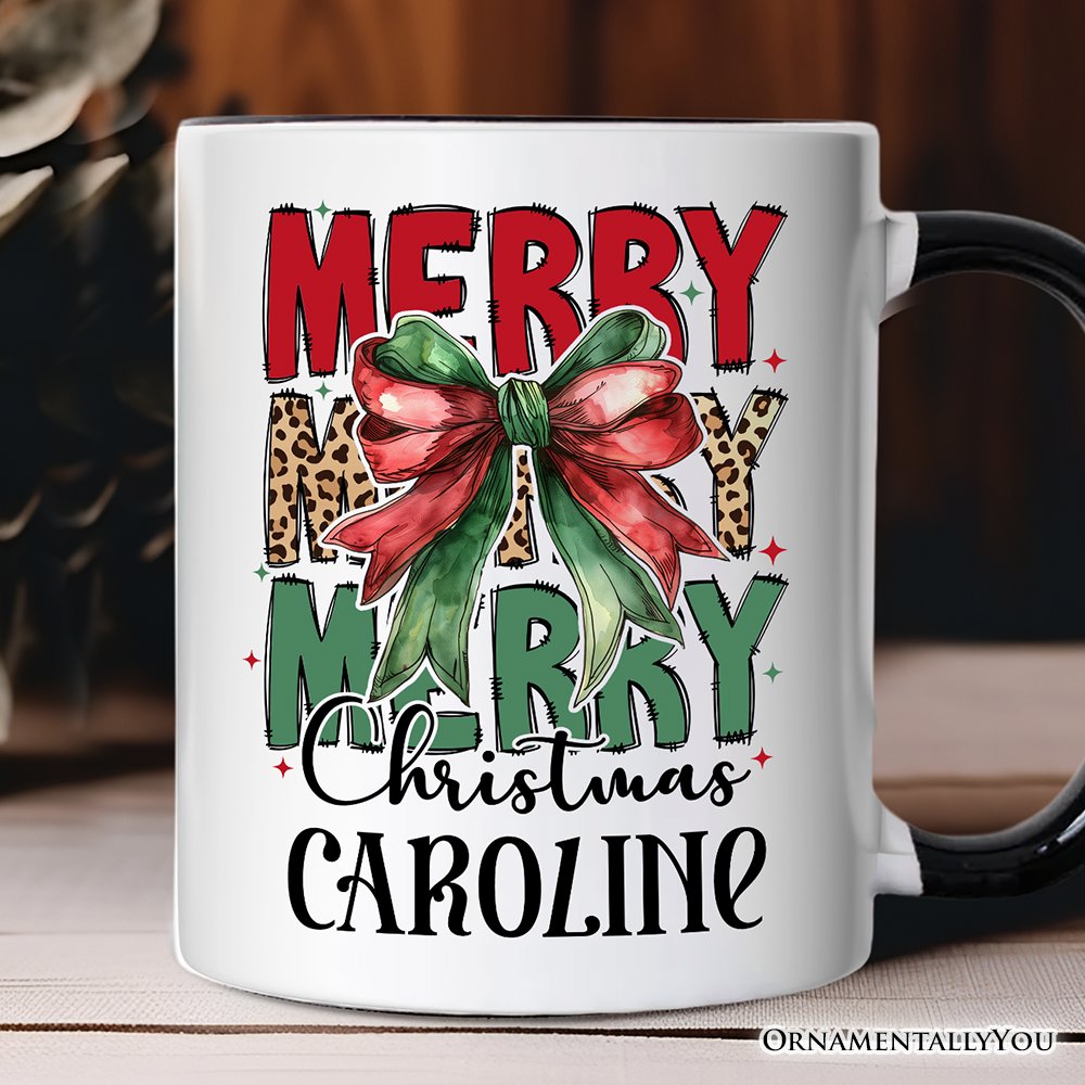Coquette Merry Christmas Bow Personalized Mug, Festive Leopard Holiday Gift with Custom Name Personalized Ceramic Mug OrnamentallyYou White - Black Customized 