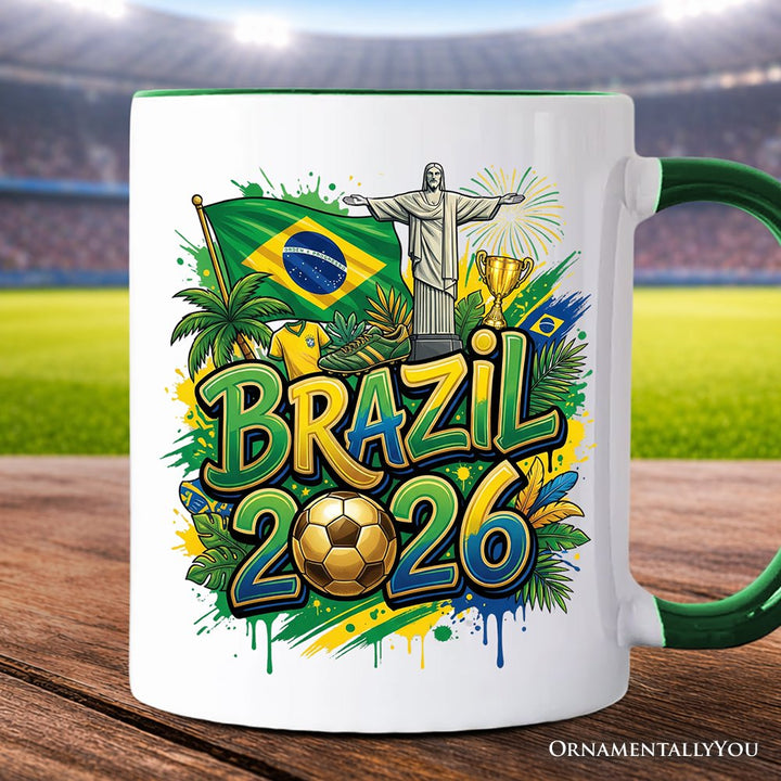 Brazil 2026 Soccer Cup Global Championship Mug, Football Fans Gift Personalized Ceramic Mug OrnamentallyYou Green Handle Non-Custom 