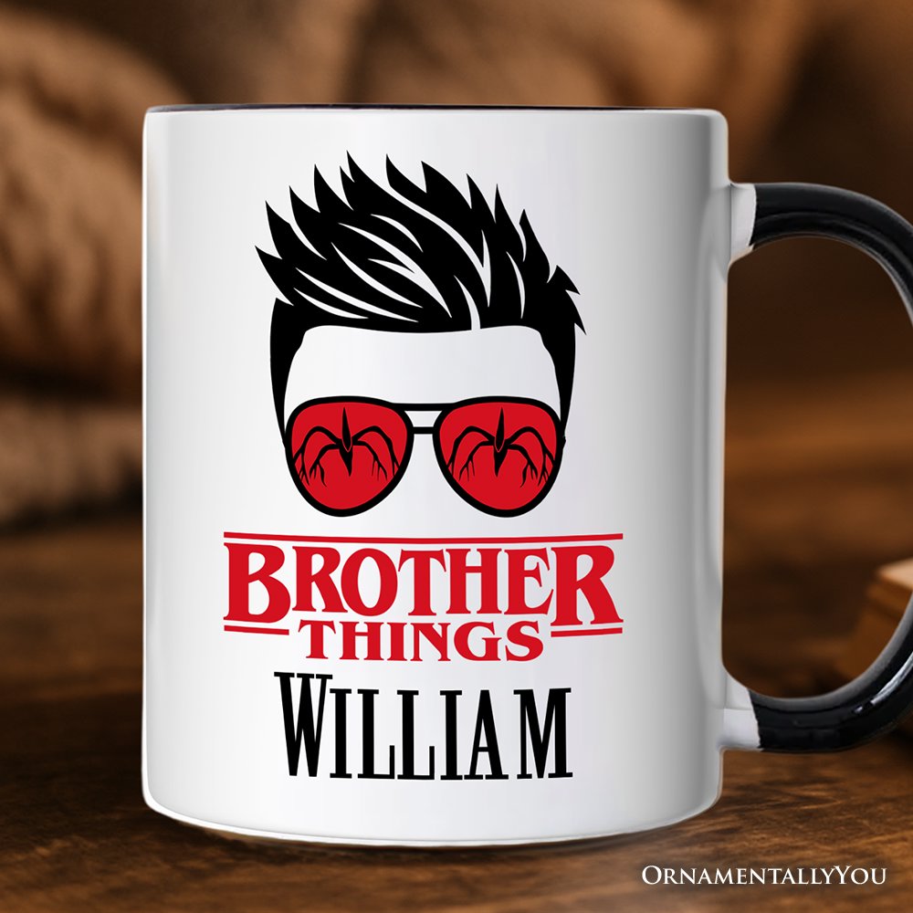 Brother Things Retro Personalized Mug, Red Glasses Family Matching Gift with Custom Name Personalized Ceramic Mug OrnamentallyYou Black Handle Customized 