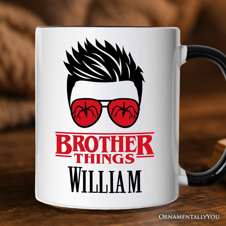 Brother Things Retro Personalized Mug, Red Glasses Family Matching Gift with Custom Name Personalized Ceramic Mug OrnamentallyYou Black Handle Customized 