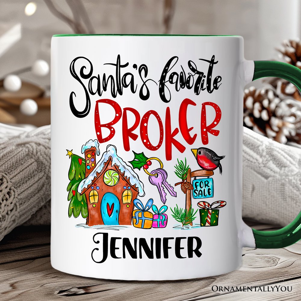 Santa's Favorite Broker Personalized Mug, Real Estate Agent Gift with Custom Name Personalized Ceramic Mug OrnamentallyYou Green Handle Customized 