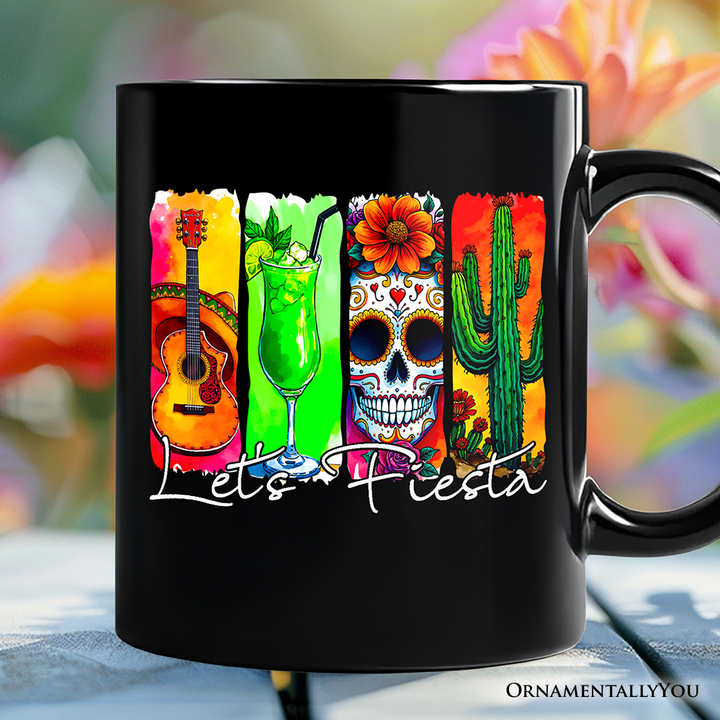 Cinco De Mayo Brushstroke Mexican Mug, Let’s Fiesta Guitar Margarita Skull Cactus Gift