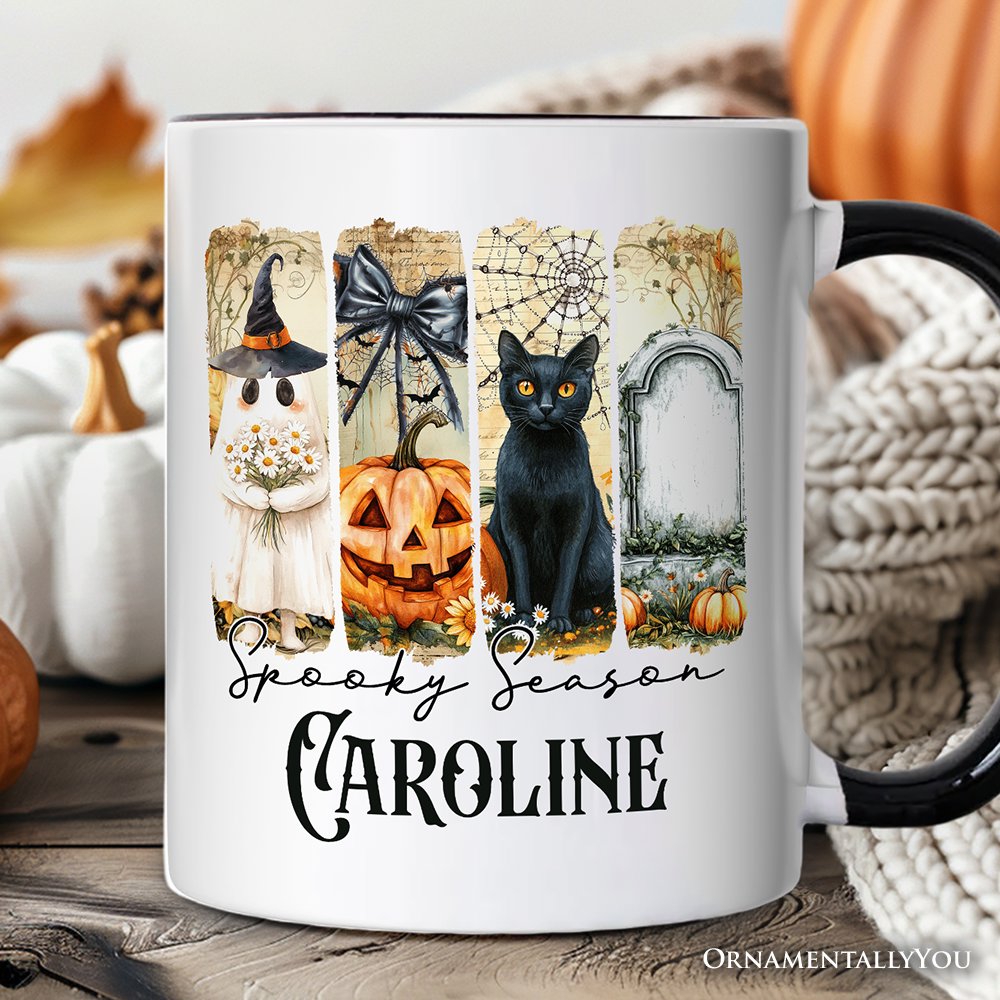 Fall Spooky Season Brushstroke Personalized Mug, Coquette Vintage Ghost, Cat and Pumpkin Gift with Custom Name Personalized Ceramic Mug OrnamentallyYou Black Customized 