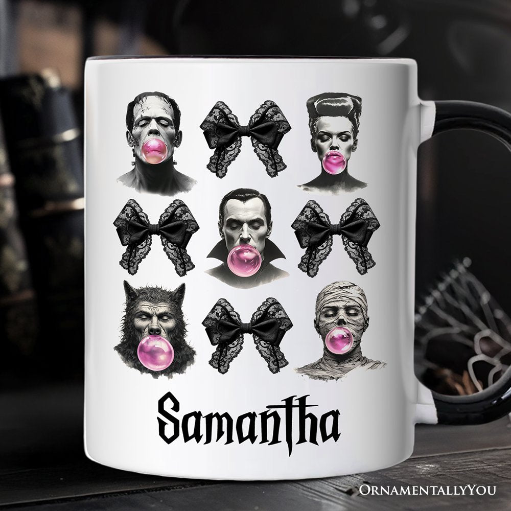 Bubblegum Classic Monster Personalized Mug, Funny Coquette Bow Gift with Retro Style and Custom Name Personalized Ceramic Mug OrnamentallyYou White - Black Customized 