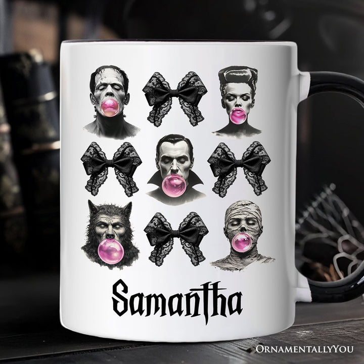 Bubblegum Classic Monster Personalized Mug, Funny Coquette Bow Gift with Retro Style and Custom Name Personalized Ceramic Mug OrnamentallyYou White - Black Customized 