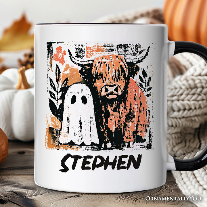 Highland Cow Ghost Fall Personalized Mug, Spooky Season Halloween Gift with Custom Name