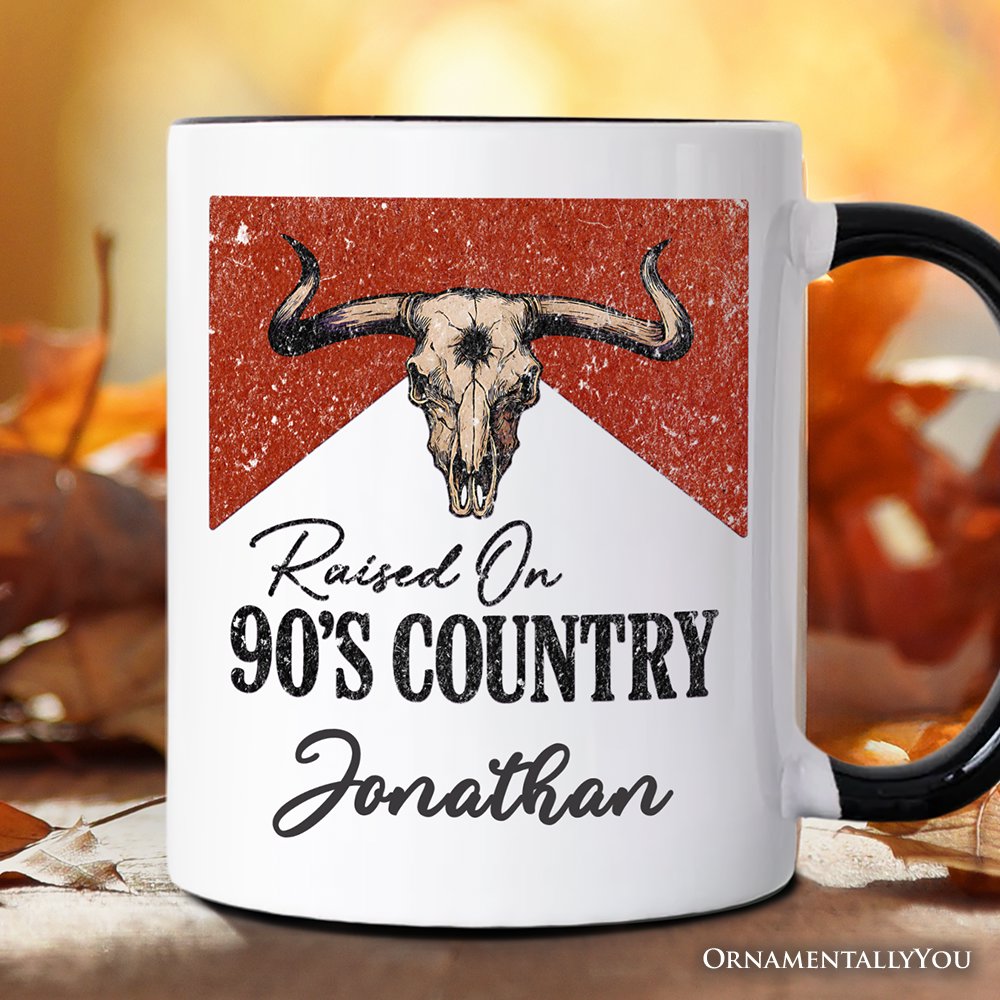 Raised On 90s Country Personalized Mug, Vintage Bull Skull Gift with Custom Name Personalized Ceramic Mug OrnamentallyYou Black Handle Customized 